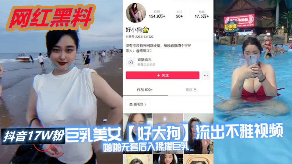 抖音17万粉巨乳美女【好大狗】流出不雅视频，啪啪无套后入揉搓巨乳，这波涛汹涌看着就很窒息，能直接把你闷死！