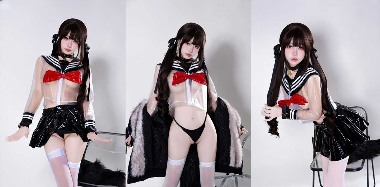 巨乳嫩模【柒柒要乖哦】写真私拍，透明JK半透巨乳翘臀，红唇微张眼神撩双马尾萝莉太会勾人